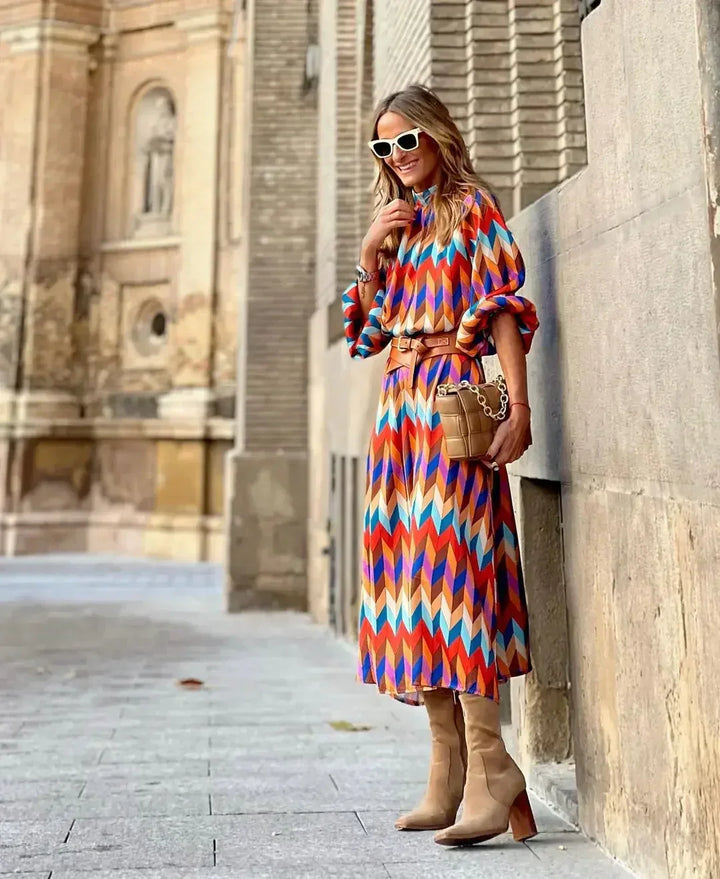 Kaia - Geometric Prints Long Party Dress