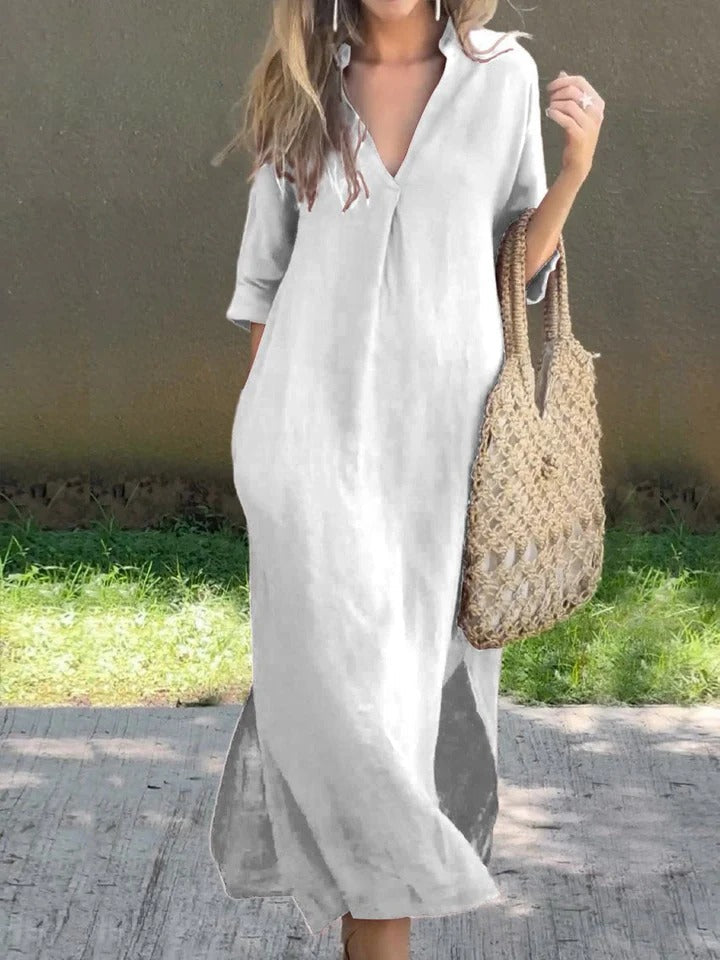Ishael - Solid V-Neck Long Loose Fit Dress
